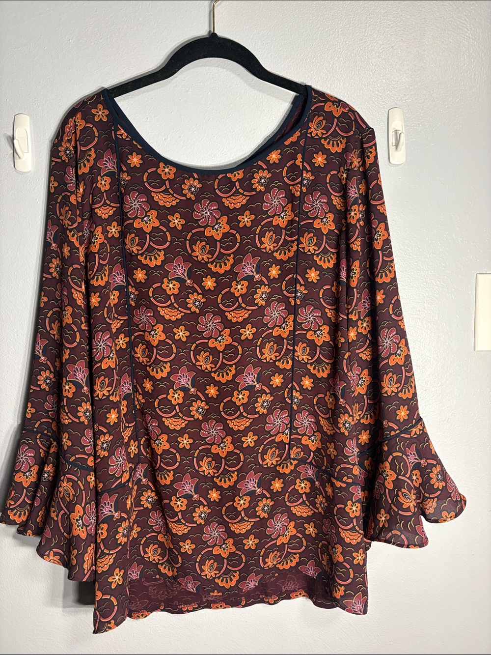 LOFT maroon and orange bell sleeve top